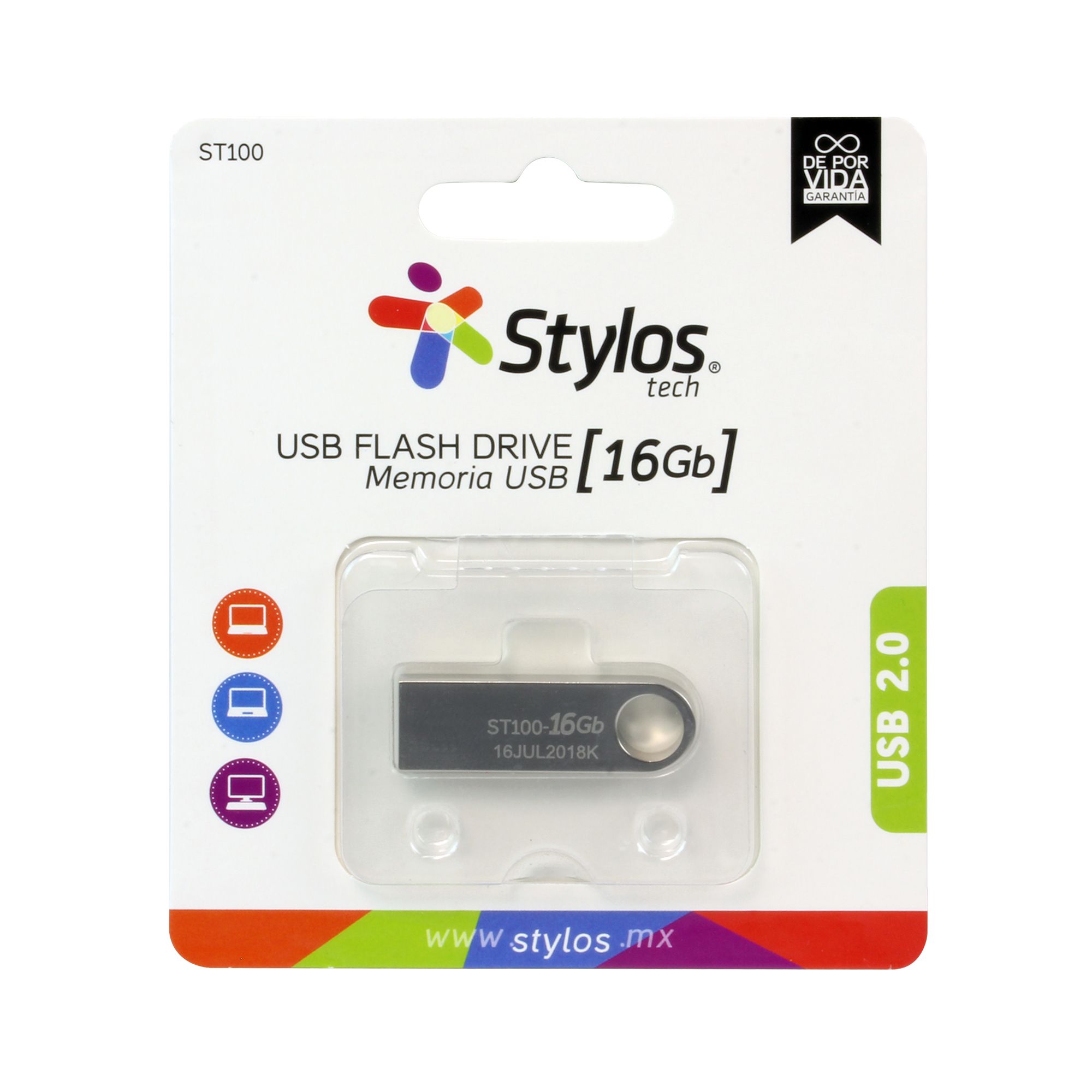 MEMORIA USB STYLOS 16 GB ST100 FLASH 2.0 PLATA STMUSB2B
