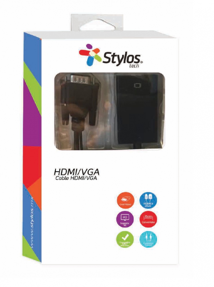 ADAPTADOR STYLOS VGA HEMBRA A HDMI MACHO CON AUX 3.5MM NEGRO STACHV1B