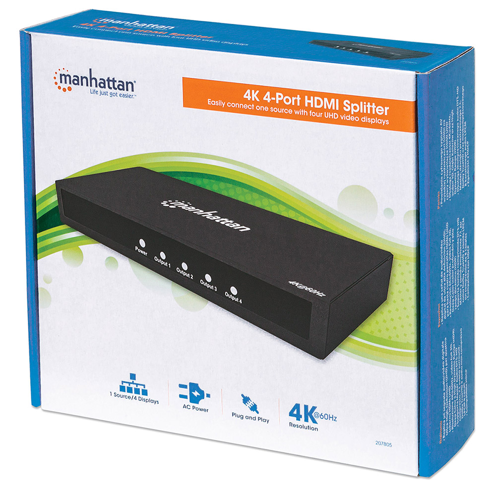 VIDEO SPLITTER MANHATTAN HDMI 4K@60HZ 1 IN 4 OUT 3D CASCADA 3 207805