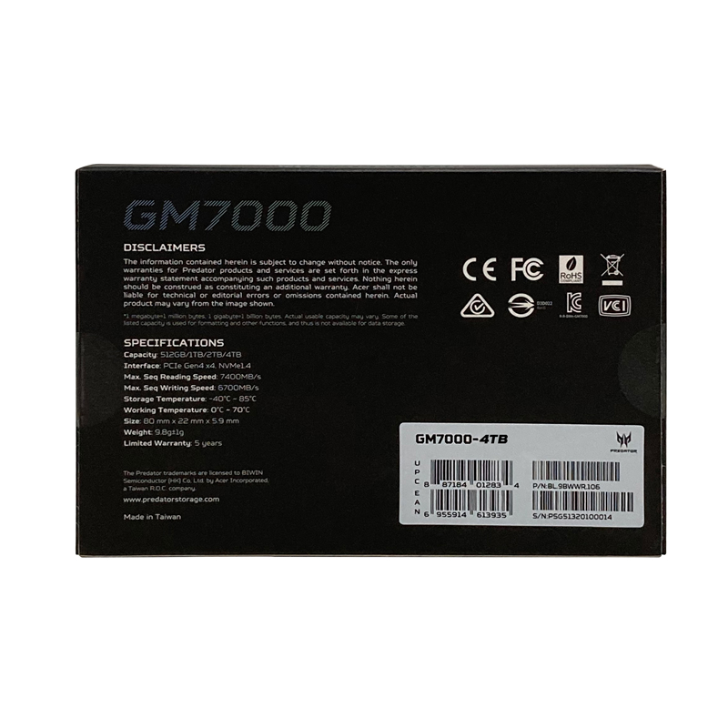 UNIDAD SSD PREDATOR GM7000 4TB M.2 NVME GEN4X4 7400MB/S (BL.9BWWR.107)
