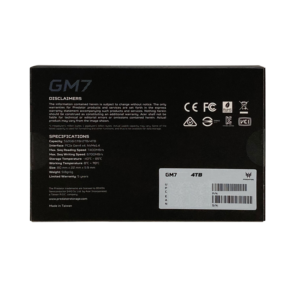UNIDAD SSD PREDATOR GM7 4TB M.2 NVME GEN4X4 7200MB/S (BL.9BWWR.120)