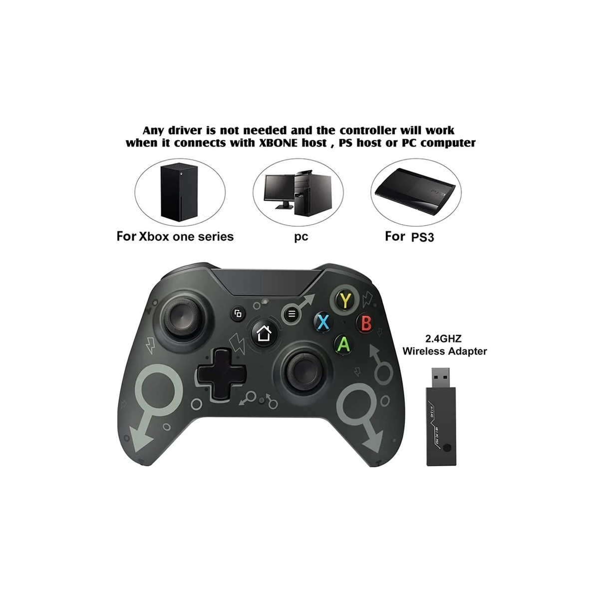 CONTROL INALAMBRICO USB N-1, COMPATIBLE CON XBOX ONE, PS3 , PC 2.4G, DUAL MOTOR NEGRO